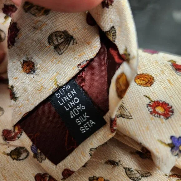Salvatore Ferragamo Mens Silk Linen Necktie Designer Tie Beige Flowers Ladybug - Picture 9 of 10